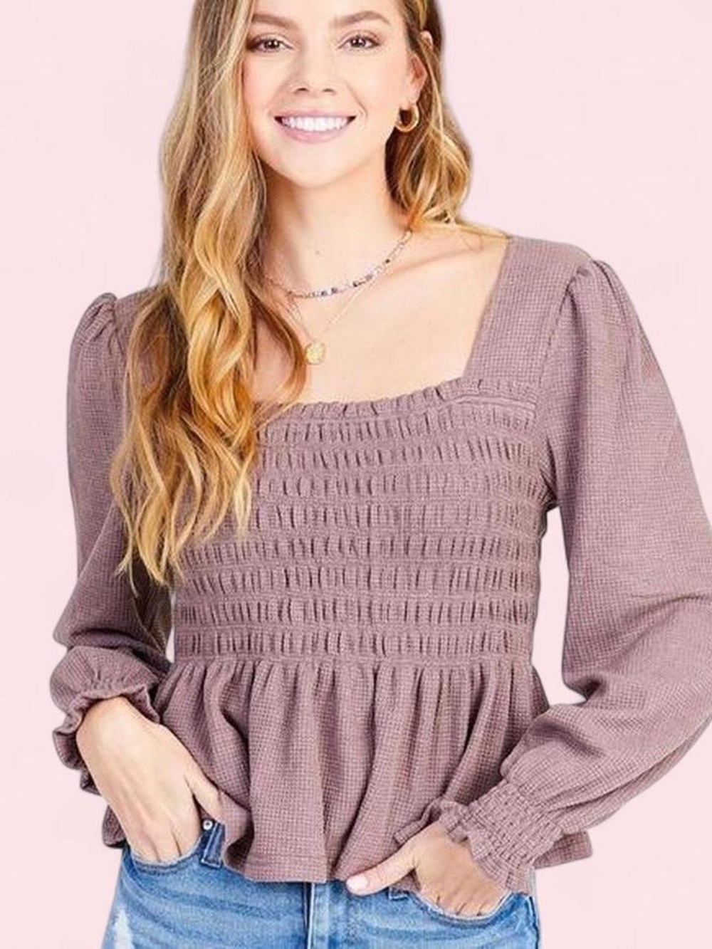 Altar’d State • Brown Smocked Square-Neck Peplum Top